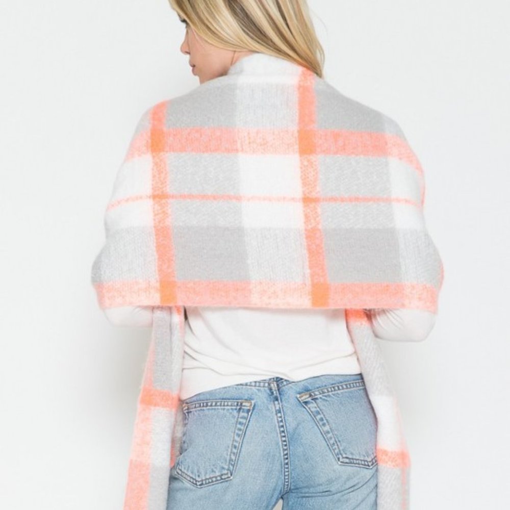 Gray, Orange & Ivory Plaid Scarf with Whimsical Fringe - Picture 8 of 8